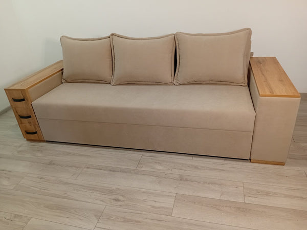 Диван Elite Comfort. Тканина Simple 42.Колір ДСП Дуб Тахо. Дизайн боковини змінено