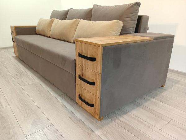 Диван President. Тканина Laura 5, подушки Laura 4. Колір ДСП Дуб Тахо.