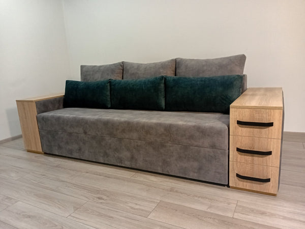 Диван President. Тканина Bolzano Вark Grey,малі подушки Bolzano Ocean. Колір ДСП Дуб сонома. Дизайн боковин змінено.