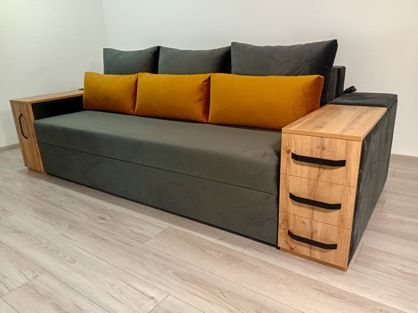 Диван President. Тканина Riviera 96, малі подушки Riviera 41.Колір ДСП Дуб Тахо.