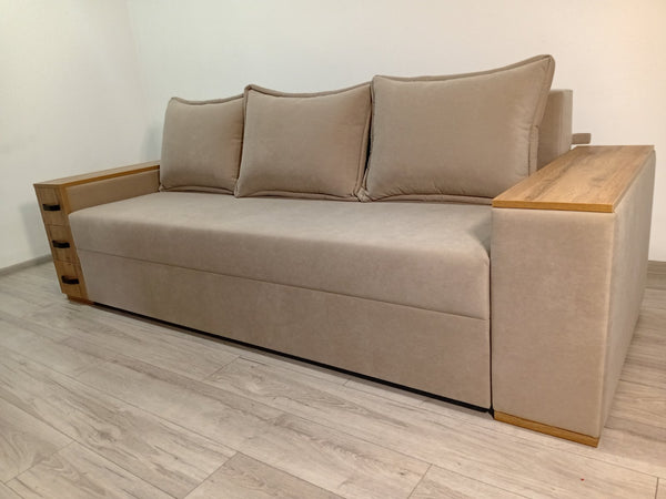 Диван Elite Comfort. Тканина Simple 42.Колір ДСП Дуб Тахо. Дизайн боковини змінено