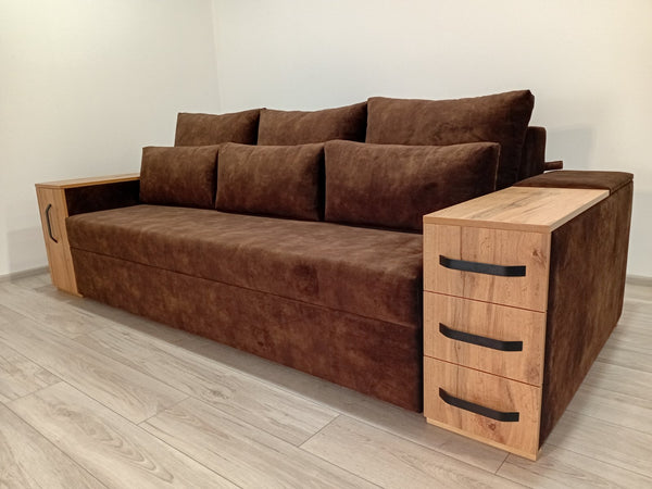 Диван President. Тканина Bolzano Dark Brown. Колір ДСП Дуб Тахо.