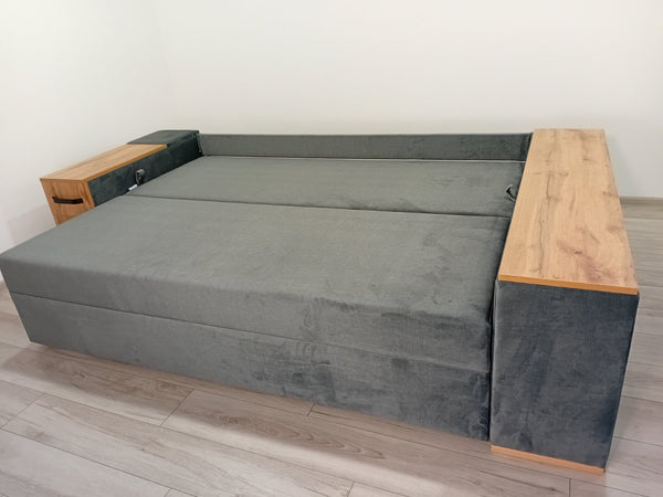 Кутовий диван Cube Shuttle. Тканина Bestseller Grey.Колір ДСП Дуб Тахо. Дизайн подушок від  дивана Cube Shuttle NOVO