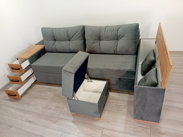 Кутовий диван Cube Shuttle. Тканина Bestseller Grey.Колір ДСП Дуб Тахо. Дизайн подушок від  дивана Cube Shuttle NOVO