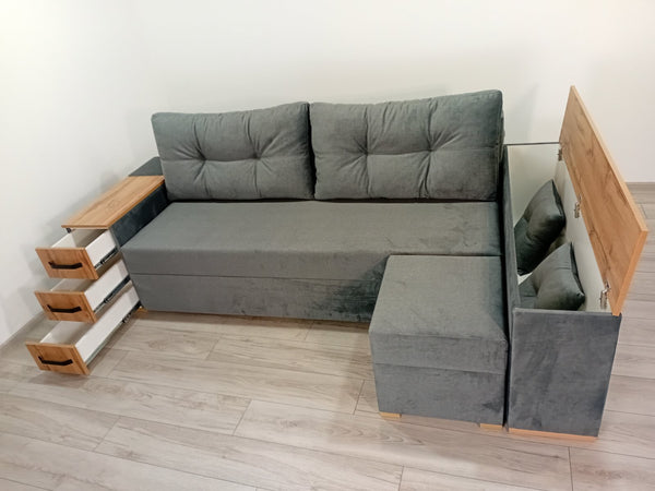 Кутовий диван Cube Shuttle. Тканина Bestseller Grey.Колір ДСП Дуб Тахо. Дизайн подушок від  дивана Cube Shuttle NOVO