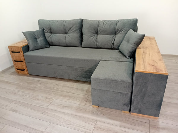 Кутовий диван Cube Shuttle. Тканина Bestseller Grey.Колір ДСП Дуб Тахо. Дизайн подушок від  дивана Cube Shuttle NOVO