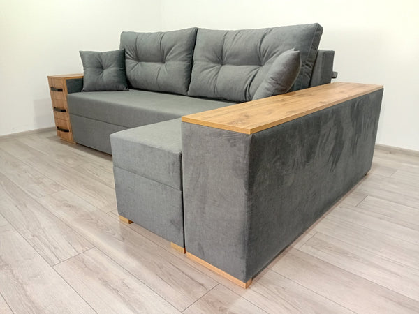 Кутовий диван Cube Shuttle. Тканина Bestseller Grey.Колір ДСП Дуб Тахо. Дизайн подушок від  дивана Cube Shuttle NOVO