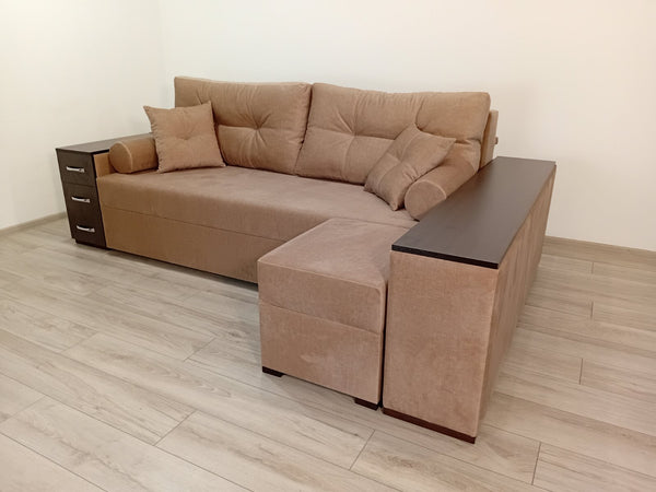 Кутовий диван Cube Shuttle NOVO. Тканина Bestseller Latte. Колір ДСП Венге