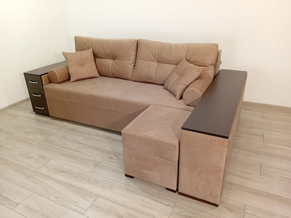 Кутовий диван Cube Shuttle NOVO. Тканина Bestseller Latte. Колір ДСП Венге