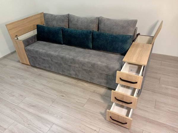 Диван President. Тканина Bolzano Вark Grey,малі подушки Bolzano Ocean. Колір ДСП Дуб сонома. Дизайн боковин змінено.